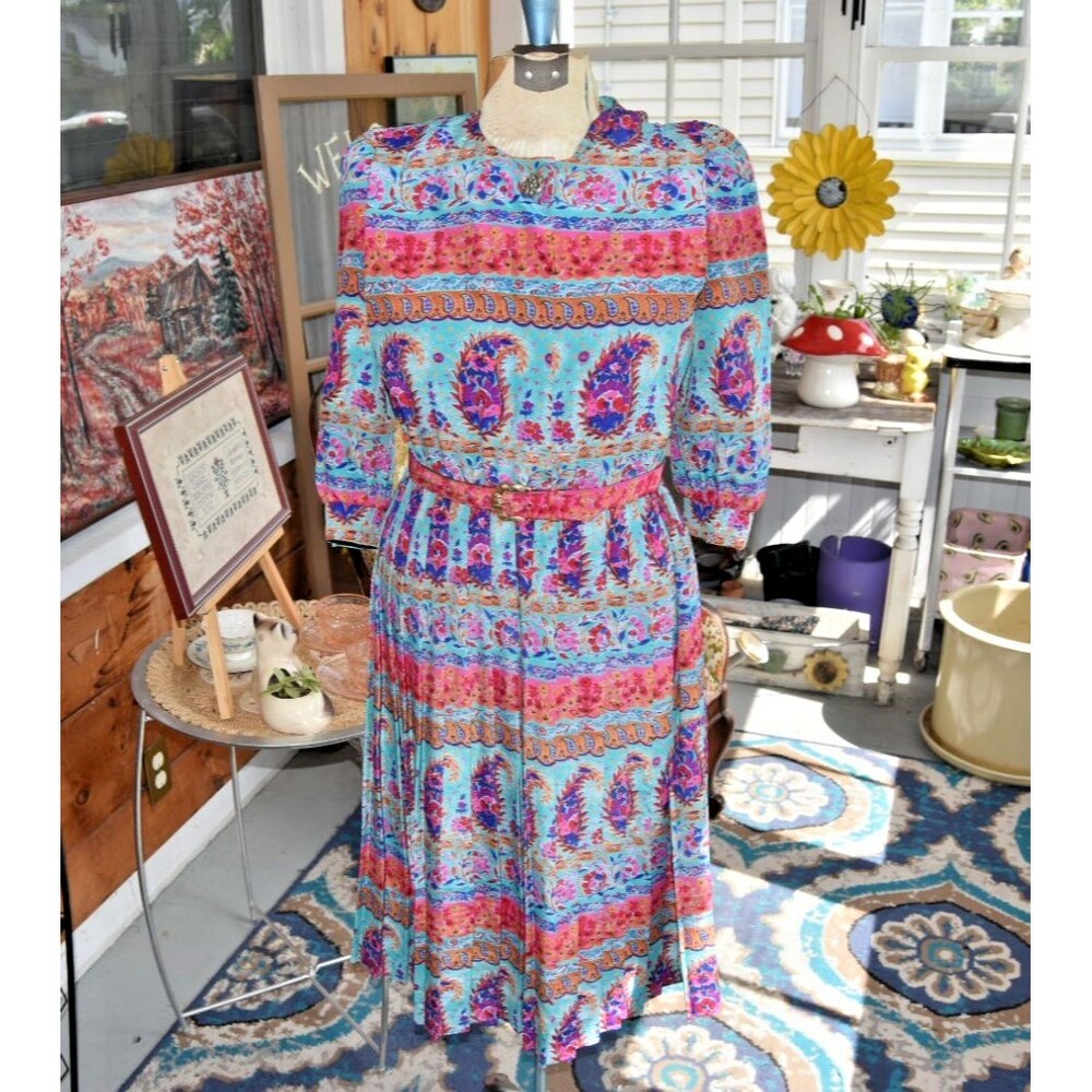 Vintage 80s Lady Carol Dress Pleated 3/4 Sleeve Button Paisley Modest Size Large